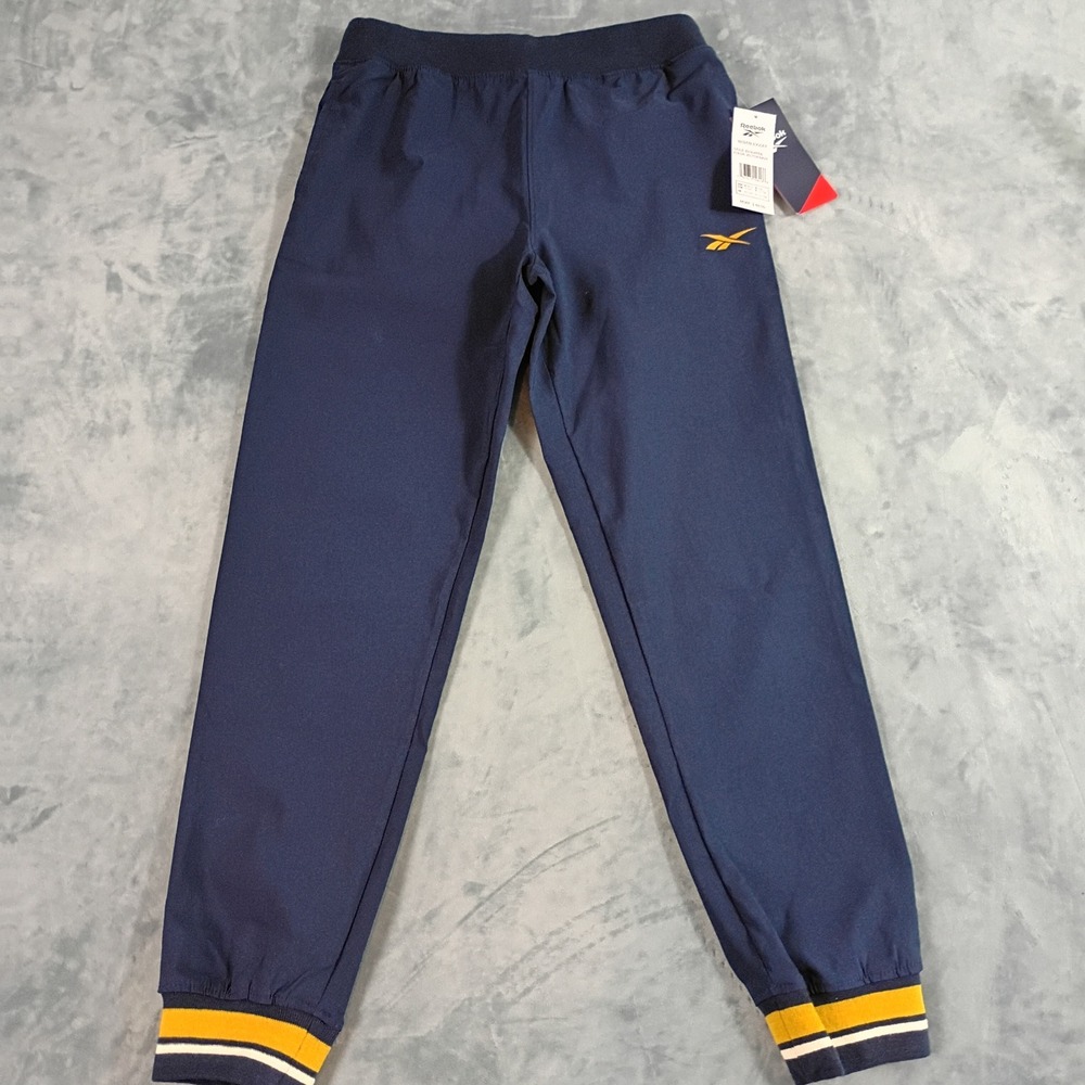 Reebok Boys Woven Jogger Pants Navy Blue Gold Vector Logo E0304RB8‎ Size M 10-12